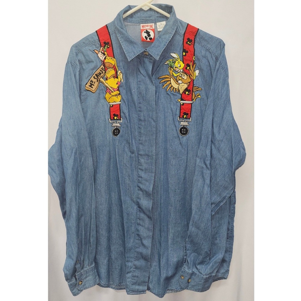Vintage Mickey Inc Winnie the Pooh Suspender Denim Shirt XL Blue Embroidered